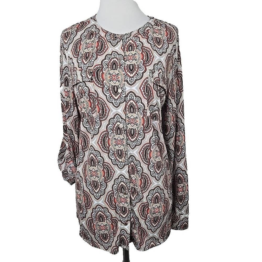 Dana Buchman Paisley Button Front Stretch Knit Tab Sleeve Blouse Top Large L
